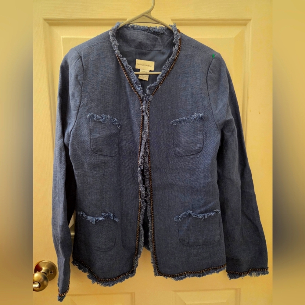 SOFT Surroundings Blue Linen Chain and Raw Fringe Hem Jacket Women’s Size Small